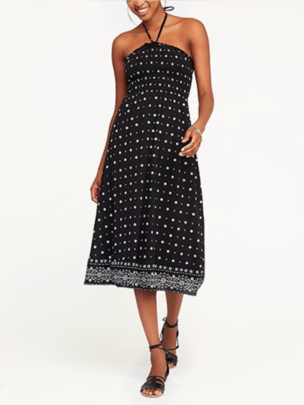 Old Navy Black Midi Dress with White Floral Dot Print